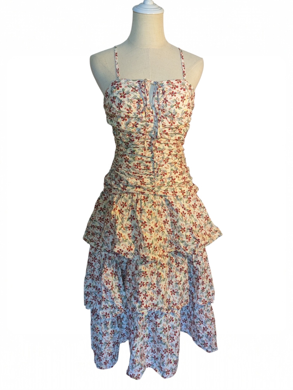 Storia Ruched Floral Midi Sundress 100% Cotton Medium